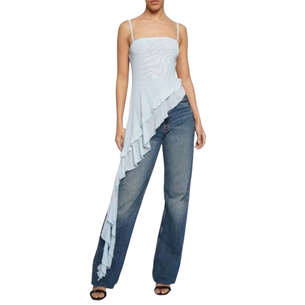 Know One Cares Light Blue Asymmetrical Ruffle‎ Mesh Tank Top NWT